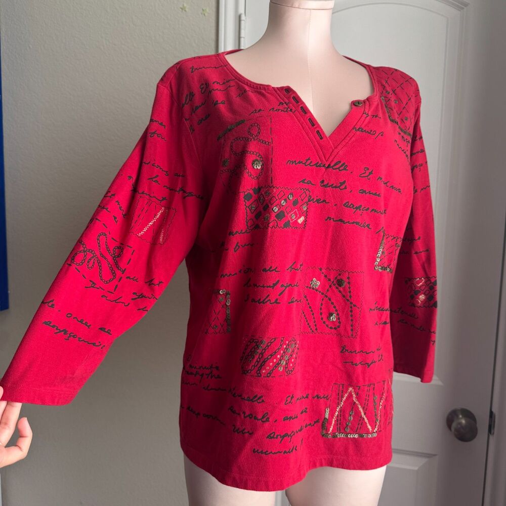 Ruby Rd. Women's red script and sequined blouse- XL